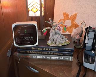 VINTAGE CLOCK RADIOS, STAINED GLASS, VINTAGE LAND CAMERA