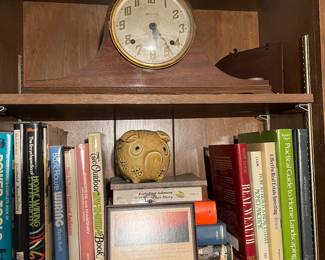 PIGGY BANK, VINTAGE CLOCK, BOOKS