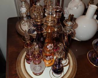 Collection of Egyptian blown glass perfume bottles 