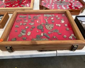 ANTIQUE CIVIL WAR PIECES IN DISPLAY CASE