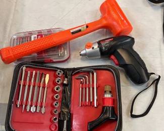 DRILLMASTER CORDLESS SCREWDRIVER, BITS, ALLEN WRENCHES, HAMMER