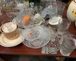LOT OF GLASSES, CANDLESTICKS ETC