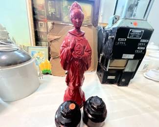 CHINESE CINNABAR BUDDA STATUE 2 GLASS CONTAINERS