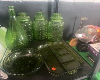 LOT OF GREEN GLASS CANISTERS MORE