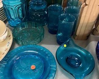 BLUE DISHES, CANISTERS GLASSES