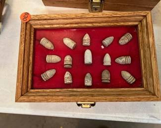 ANTIQUE CIVIL WAR BULLETS IN DISPLAY CASE