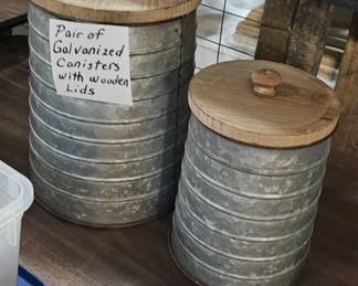PAIR GALVANIZED CANISTERS WITH WOODEN LIDS