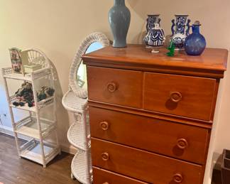Mid-century dresser and wicker furniture pieces