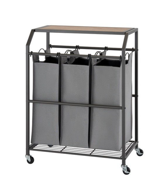 TRINITY 3-Bag Laundry Cart, Flip-Up Top And Wheels, Dark Gray