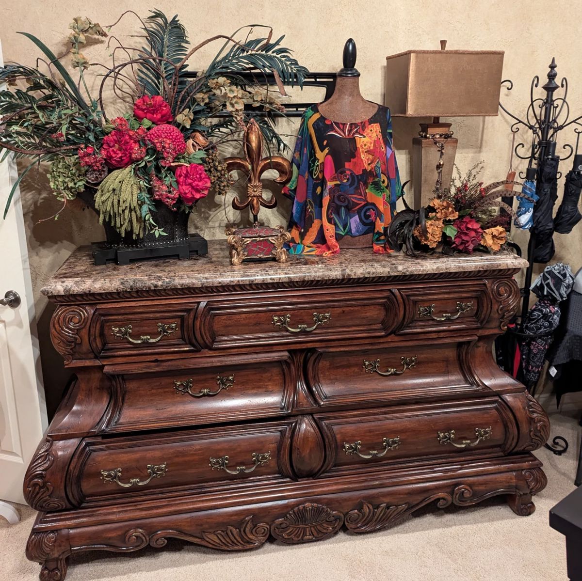 Forbidden City furniture marble top bombay dresser, florals
