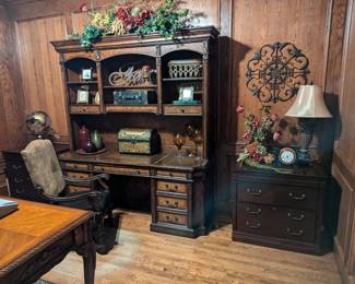 Desk, credenza, file cabinet, lamp, metal wall art, floral, decorative items