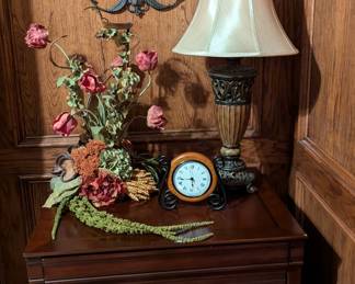 File cabinet, lamp, floral, metal wall art