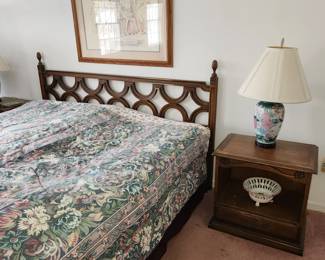 vintage King bedroom set: headboard, tall chest, long dresser w/ 2 mirrors & 2 night stands. By Century
