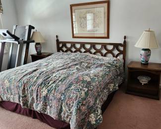 vintage King bedroom set: headboard, tall chest, long dresser w/ 2 mirrors & 2 night stands. By Century