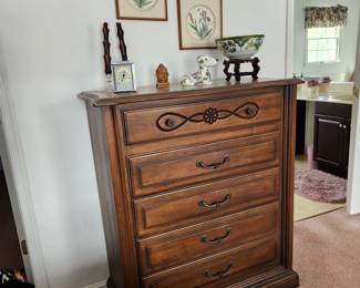vintage King bedroom set: headboard, tall chest, long dresser w/ 2 mirrors & 2 night stands. By Century