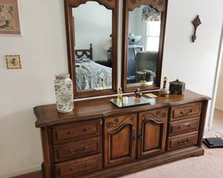 vintage King bedroom set: headboard, tall chest, long dresser w/ 2 mirrors & 2 night stands. By Century