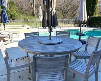 Outdoor teak table umbrella table (with lazy susan) with 6 chairs by Country Casual