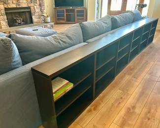 several black bookshelves