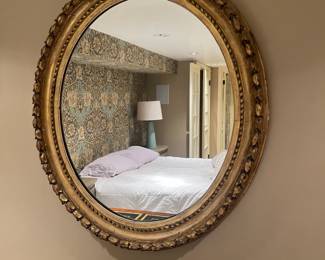 $420. Antique Oval gilded mirror ca 1840. Originally $2850. 32"w x 36"h as hung. Can be hung either direction. Available during online shopping starting at 6pm on Wednesday per the instructions in the sale description.