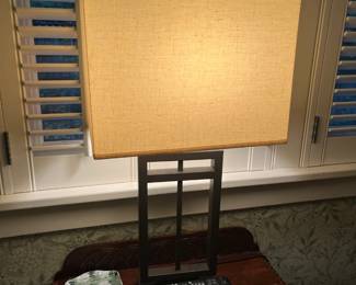 Iron based table lamp 30.5"h. As found on back of the shade. Shown in next photo. Available during online shopping starting at 6pm on Wednesday per the instructions in the sale description.