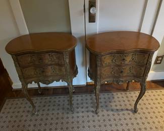 $290. Pair of vintage nightstands. Small scale perfect for smaller bedrooms. Each is 21"w x 13"d x 27"h. Two drawers. Available during online shopping starting at 6pm on Wednesday per the instructions in the sale description.