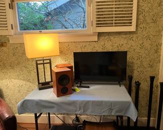 Pair of Linn Tukan speakers for sale, Vizio TV also for sale. Available during in-person shopping Friday and Saturday. Lamp sold in a separate photo.