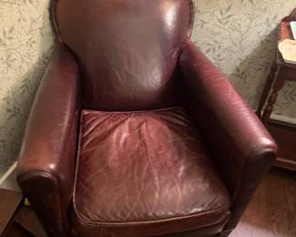 $1200 Crate & Barrel Eiffel leather chairs. Smaller scale with the same comfort of a larger chair. 31"w x 34"d x 33"h. Ottoman is 23"w x 18"d x 14"h. As found - in need of some leather conditioning. Made in North Carolina of kiln-dried hardwood and eight-way hand-tied suspension. Worth reconditioning the leather. Available during online shopping starting at 6pm on Wednesday per the instructions in the sale description.