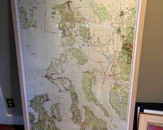 $180. Topographical framed map of Whidbey Island, ca 1944. 56.5"h x 38"w. Available during online shopping starting at 6pm on Wednesday per the instructions in the sale description.