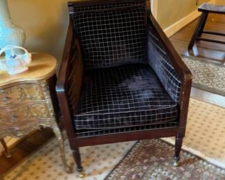 $580 Dessin Fournier Nelson custom chair and ottoman. Chair is 25"w x 30"d x 34"h. Ottoman is 30"w x 24"d x19"h. Photo of ottoman follows. For sale during in-person shopping hours Friday and Saturday.