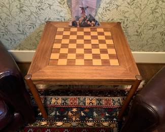 $380 Mid-century teak game table - top flips to simply look like an end table and there is room to store the pieces. 24" square x 19.5"h. Available during online shopping starting at 6pm on Wednesday per the instructions in the sale description.