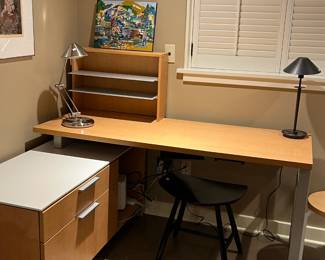 $680. Herman Miller desk. Desk is 60"w x 23"d x 29"h. Credenza section is 48"w x 20" x 23.5"h. Shelving unit adds 17" to the height wherever it is placed on the system. Available during online shopping starting at 6pm on Wednesday per the instructions in the sale description.