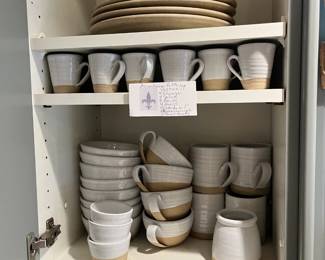 Farmhouse Pottery Vermont. Four dinner plates, four salad plates, eight bowls, four mugs, four cafe-au-lait larger mug/bowls, six espresso cups, three small bowls. For sale during in-person shopping Friday and Saturday