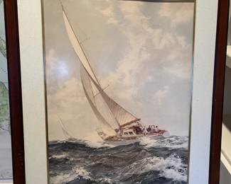 $200. Framed, matted and signed Montague Dawson print of a sailboat. Titled "Seascape Schooner in Rough Waters". 33"h x 26.5"w. Available during online shopping starting at 6pm on Wednesday per the instructions in the sale description.