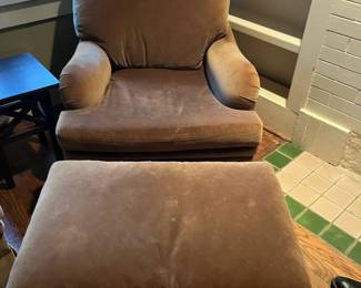 $900. Pair of Brunschwig & Fils custom velvet chairs with one ottoman. Each chair is 31"w x 36"d x 32"h. Ottoman is 30" w x 21"d x 16"h.