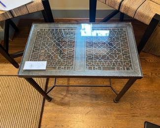 $280. Iron with glass top side table - indoor or outdoor. 24.5" x 14.5" x 22"h.