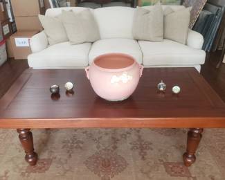 White Sofa, Provincial-style Coffee Table, Large Vintage Roseville Jardiniere