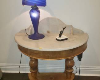 Antique Marble Top Console Table with Antique Le Verre Francais Lamp, signed