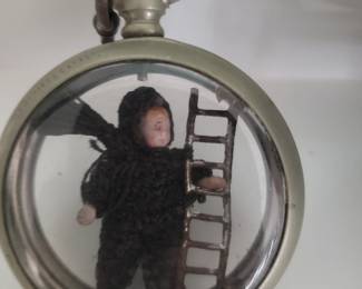 Antique Porcelain Boy Doll with Ladder inside an Old Pocket Watch Case