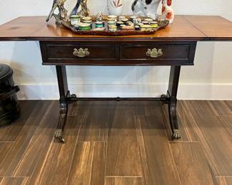 antique drop leaf side table, Italian and Staffordshire ceramics
