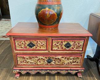 carved Asian gilt chest, Asian wood drum bin