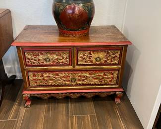 carved Asian gilt chest, Asian wood drum bin