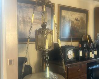 Hollywood Regency Murano style hanging lamp with marble tray.