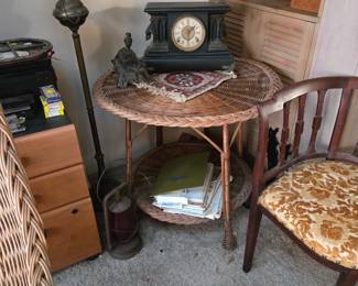 Wicker table, vintage clock