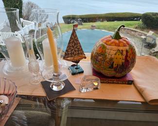 Jim Shore Pumpkin and sail boat. Waterford candle stick