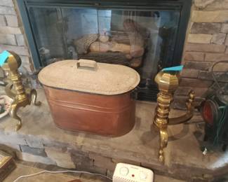 Copper tub and LARGE andirons