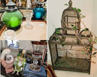 Colorful Lanterns - oversized birdhouse, crystal urns, marble figurine
