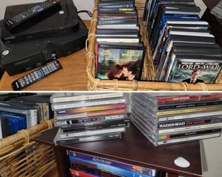 Music CDs and DVD movies. XBox player and games