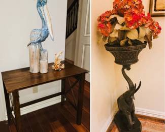 Elephant plant stand, Pelican wood sculpture 