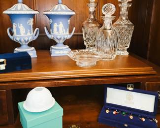 Wedgwood Jasparware large urns, Waterford Decanters, Faberge Egg wine tags 