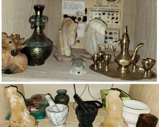 Home Decor Items, marble mortar pestles, carved stone horses and women, brass decor, fossils
